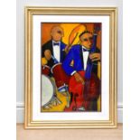 MARSHA HAMMEL; oil on gesso, 'In The Groove 1937 - Sideman', signed, 90 x 60cm, framed and glazed.