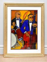 MARSHA HAMMEL; oil on gesso, 'In The Groove 1937 - Sideman', signed, 90 x 60cm, framed and glazed.