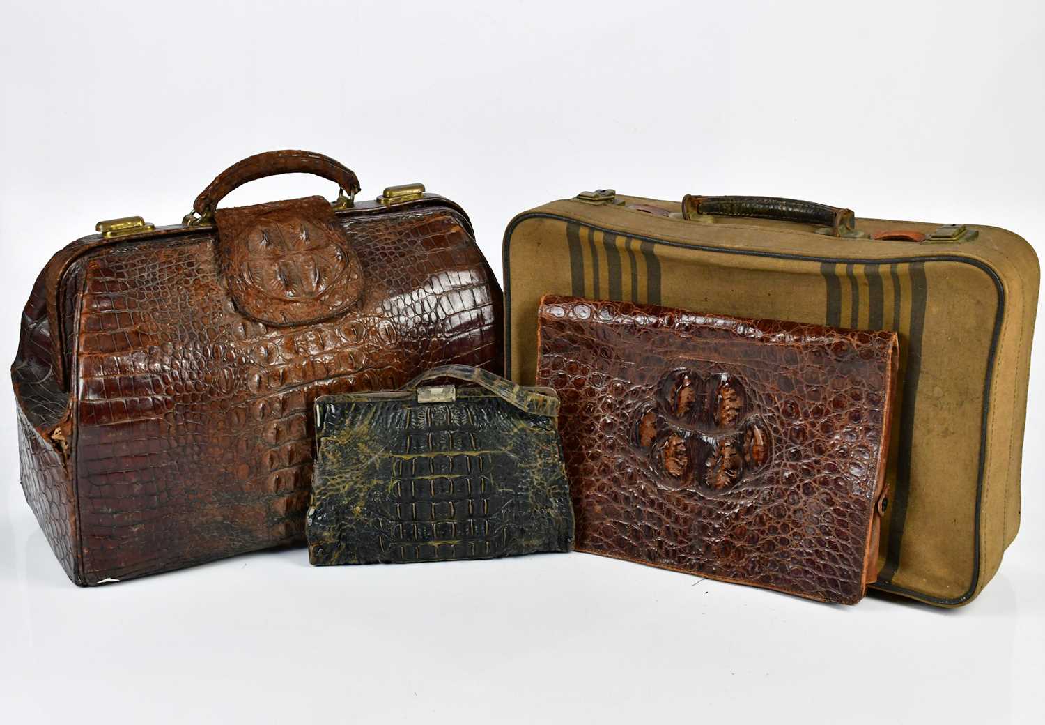 A crocodile skin Gladstone type bag, with a vanity type case, a small suitcase, two further animal - Image 5 of 5