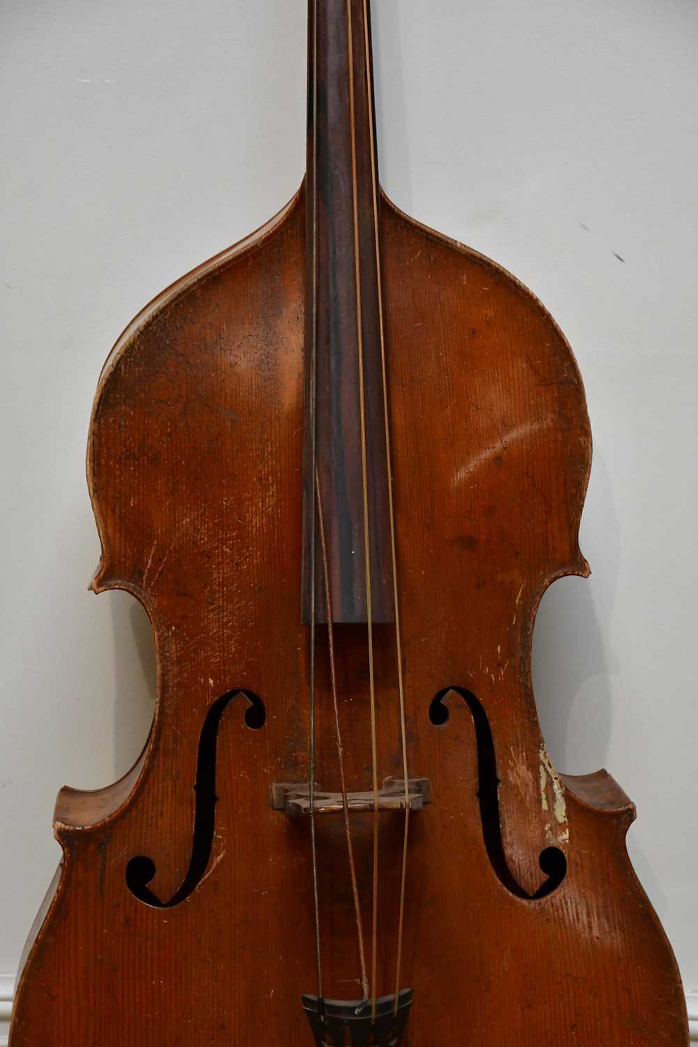 A double bass, possibly German, with two-piece back, 111cm to top of button, in need of restoration. - Image 3 of 25