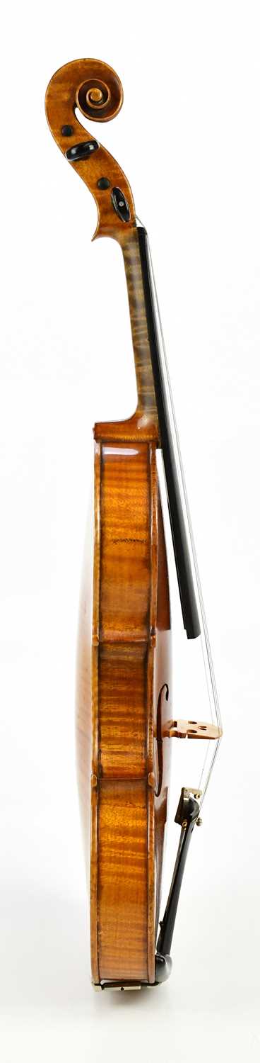 A full size German violin with two-piece back of good colour, length 36cm, unlabelled, cased. - Image 4 of 7