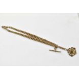 A 9ct gold Albert chain with T-bar and fob medal, length 40cm, approx weight 85g.