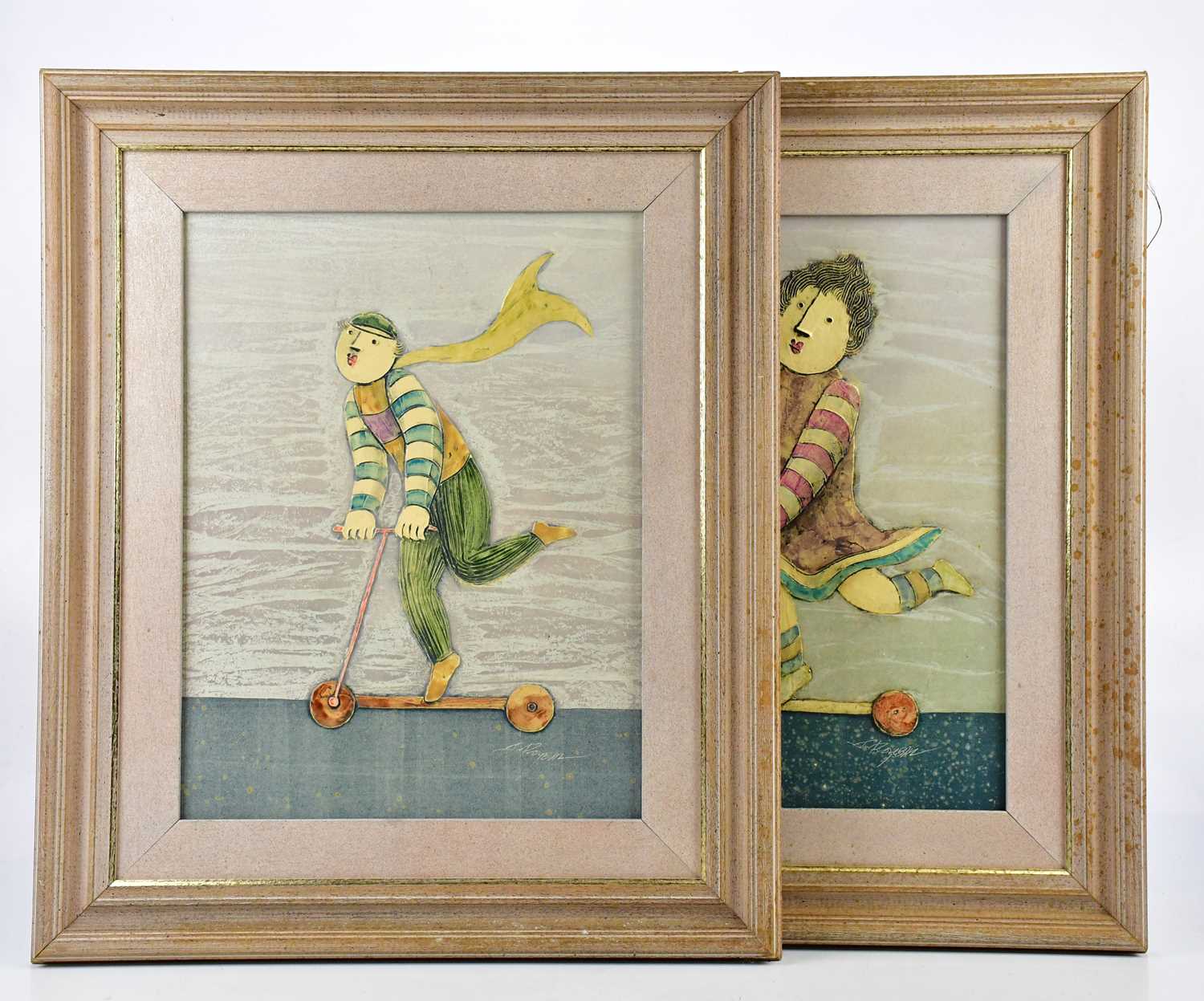 † J ROYBAL; pair of oils, children playing, signed, 41 x 32cm, framed (2).