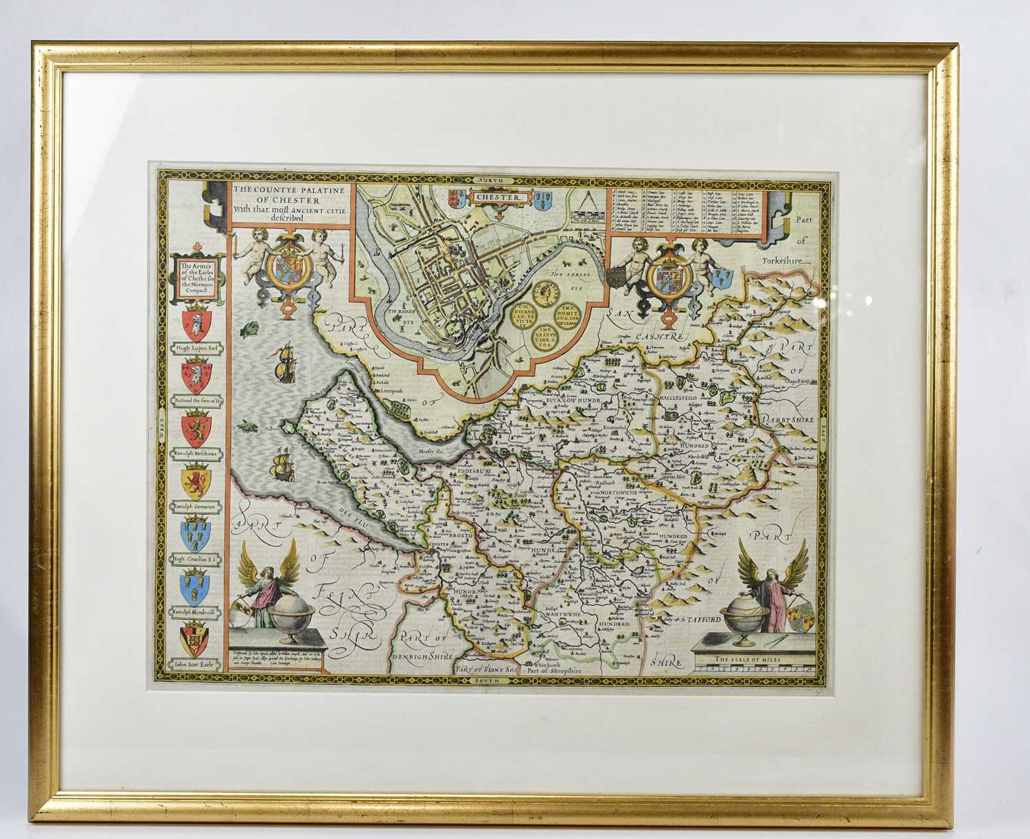 JOHN SPEED; a 17th century hand coloured map of Chester, 40 x 52cm, framed and glazed.