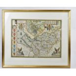 JOHN SPEED; a 17th century hand coloured map of Chester, 40 x 52cm, framed and glazed.