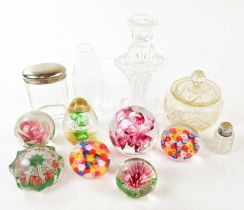 A collection of seven paperweights, together with further cut glass items and a hallmarked silver