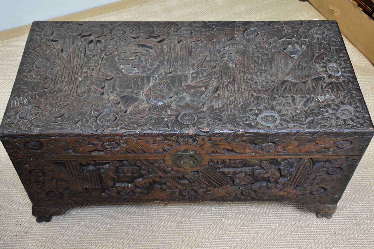 Two carved camphor wood chests, larger 48 x 94 x 45cm. - Image 5 of 5