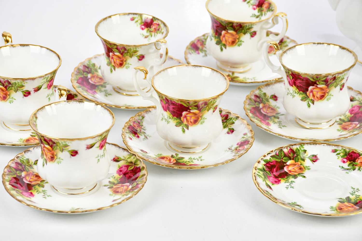 ROYAL ALBERT; an 'Old Country Roses' part tea set comprising teapot, six cups, cream jug, sugar bowl - Image 3 of 5