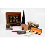 An assortment of collectors' items including various pens, a coffee grinder, a late Victorian