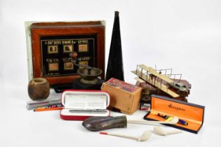 An assortment of collectors' items including various pens, a coffee grinder, a late Victorian