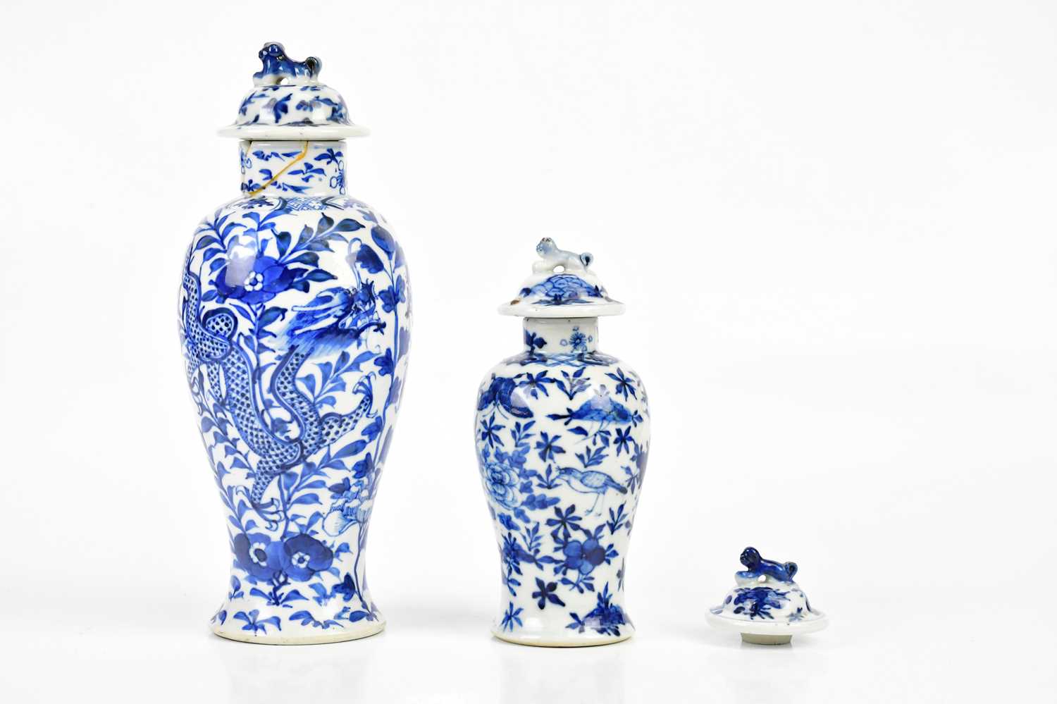 Two 19th century blue and white Chinese lidded vases and covers both with character marks to the - Image 2 of 7