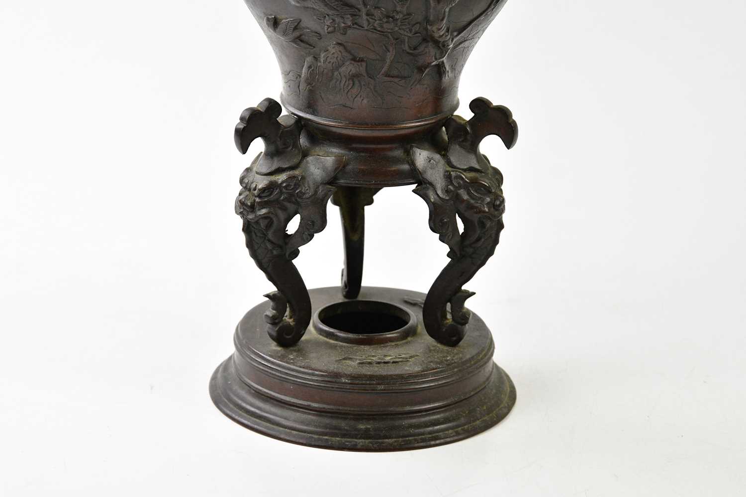 A large early 20th century Japanese bronze vase, with applied handles and crawling mythical - Image 8 of 8