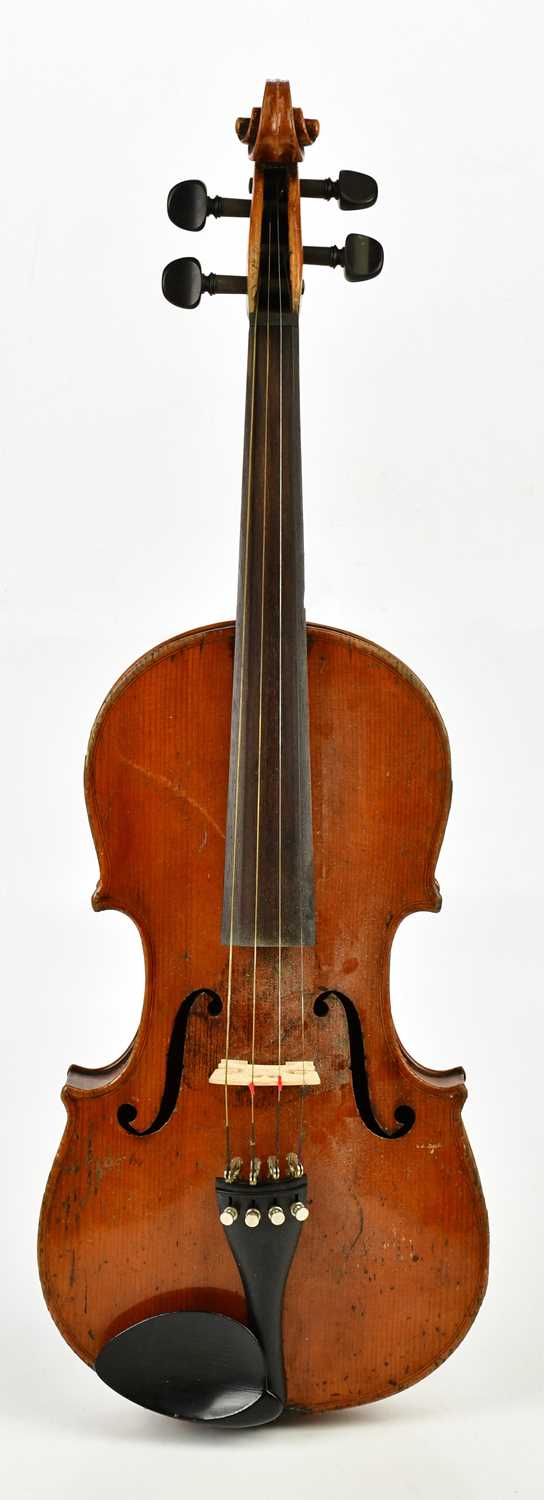A full size German violin with two-piece back length 35.8cm, unlabelled, cased with two bows. - Image 4 of 12
