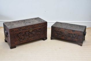 Two carved camphor wood chests, larger 48 x 94 x 45cm.
