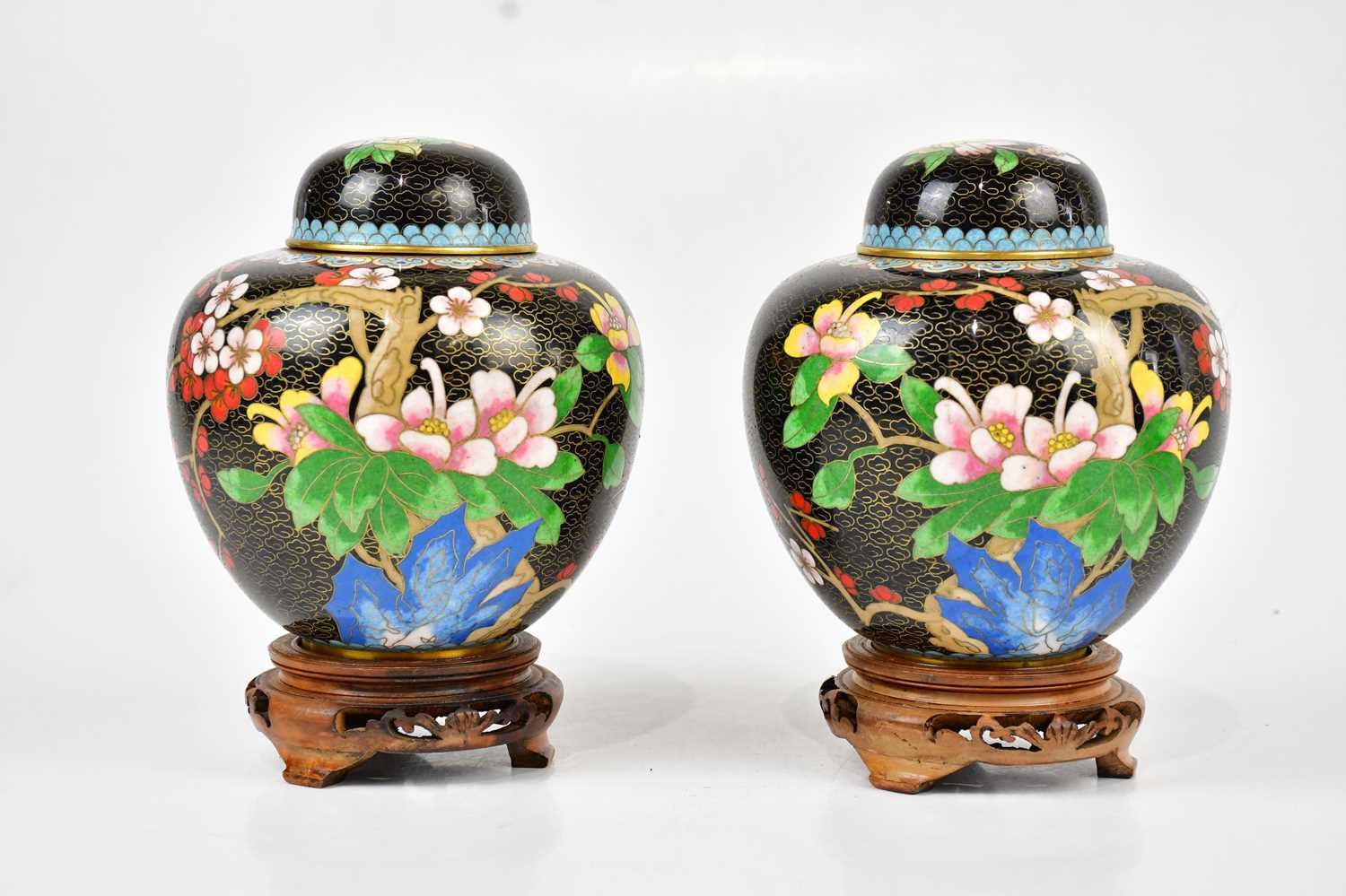 A pair of 20th century Chinese cloisonné ginger jars and covers, with prunus decoration, on wooden - Image 2 of 8