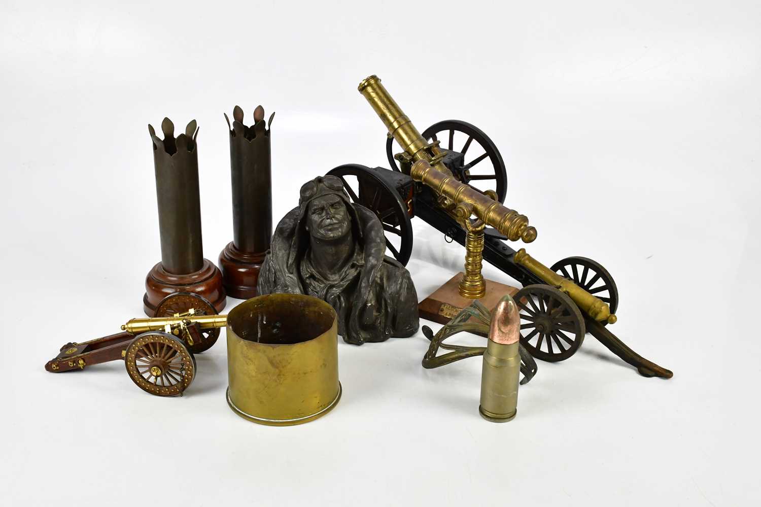 MILITARY INTEREST; four modern models of cannons, a Michael Garman Productions bronzed bust '