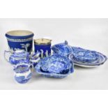 A collection of blue and white ceramics, predominantly Spode Italian, an Adams jasperware jardinière