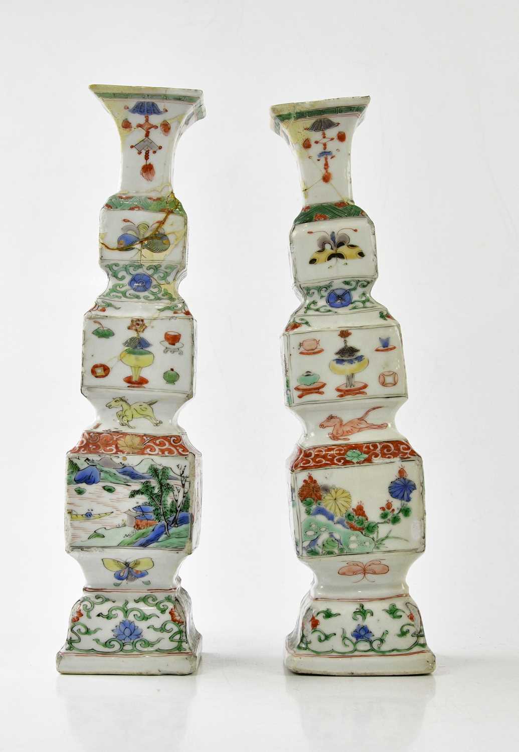 A pair of 18th century Chinese Famille Verte Wucai porcelain vases, of square form, each painted - Image 2 of 17
