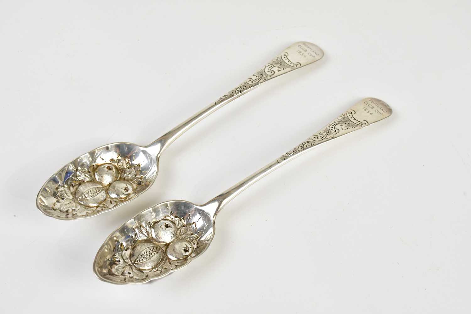 WILLIAM DAVIE; a pair of George III hallmarked silver berry spoons, Edinburgh 1783 (probably),