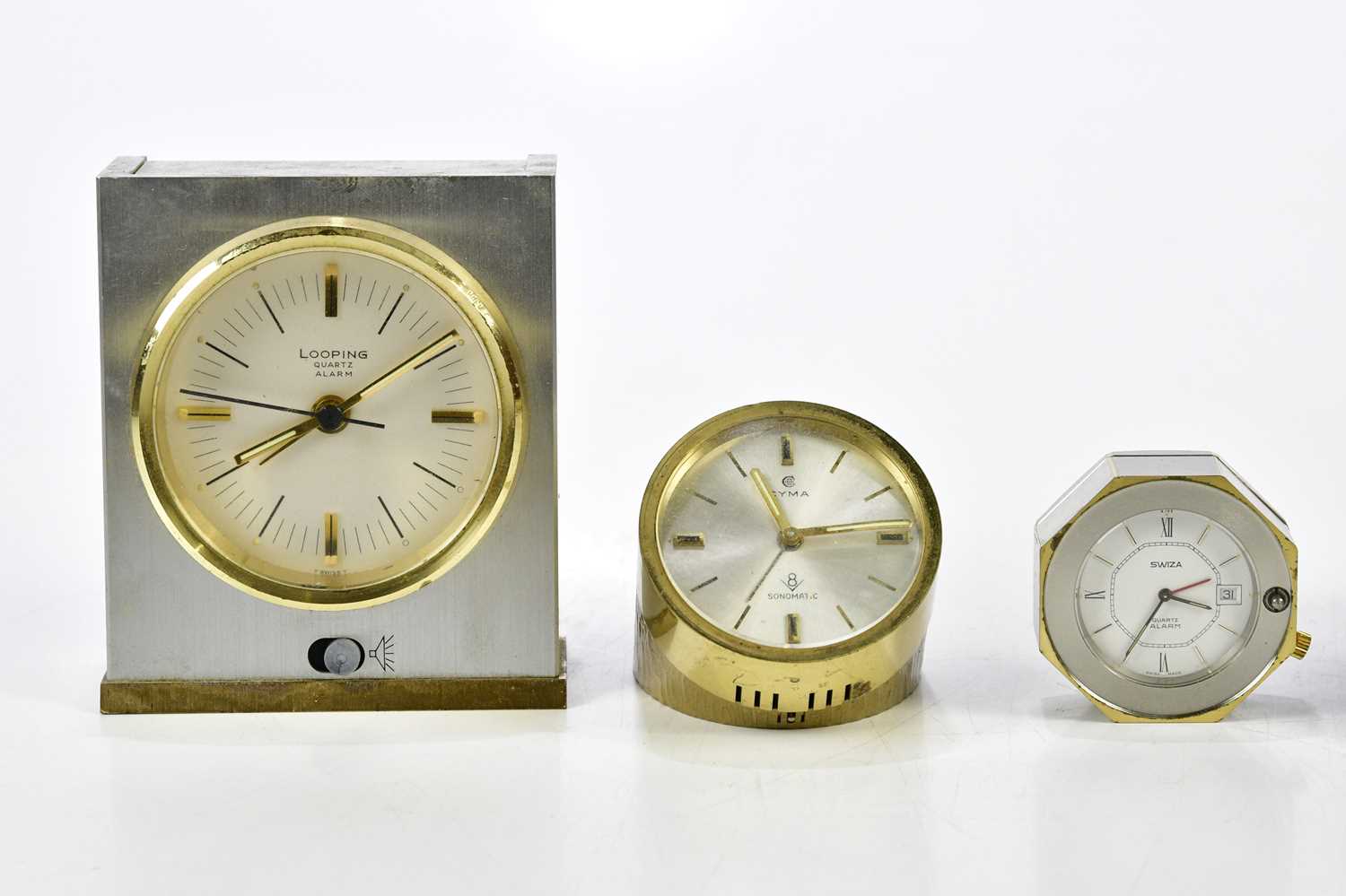 LOOPING; a stainless steel cased quartz alarm clock, a Cyma eight day Sonomatic desk clock, a - Image 2 of 3