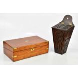 A 19th century carved oak candle box, height 40cm, and a Victorian mahogany brass bound writing