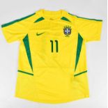RONALDINHO; a 2002 signed Brazil retro style football shirt, signed to the reverse, size L.