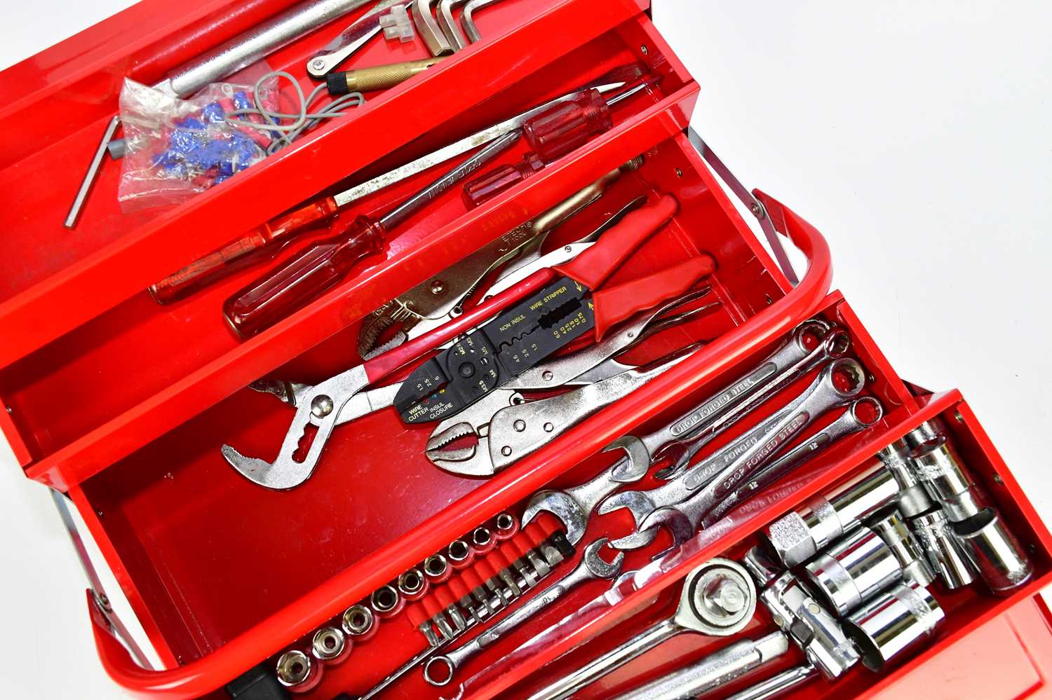 A modern red tool box containing a selection of tools and copper wire. - Image 3 of 4