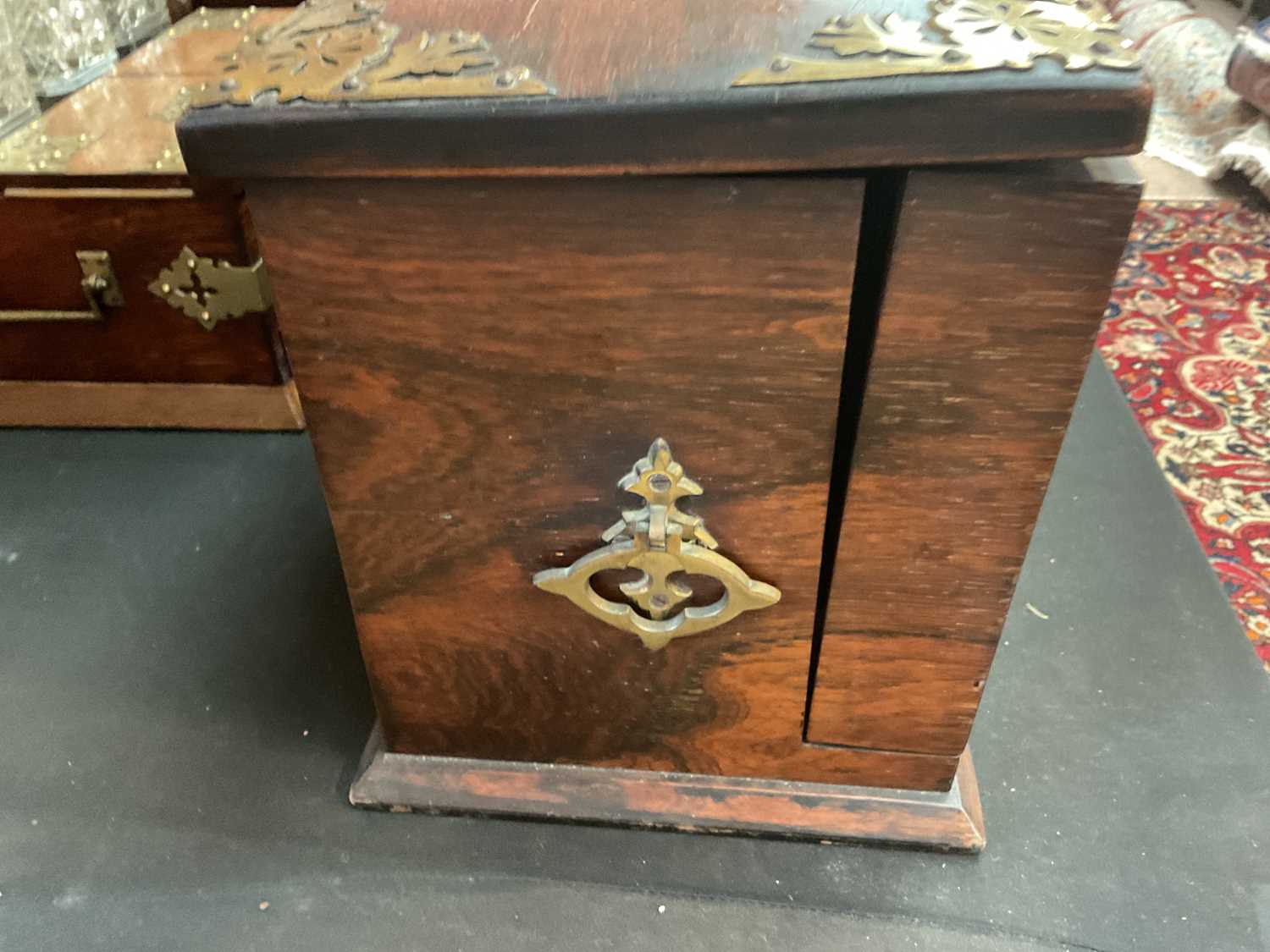 A 19th century brass bound rosewood stationery box, the hinged cover enclosing a fall front and - Image 9 of 14