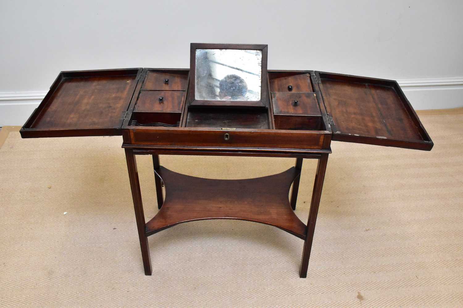 A Georgian inlaid mahogany gentleman's washstand/night table, the hinged covers enclosing mirror and - Image 2 of 3