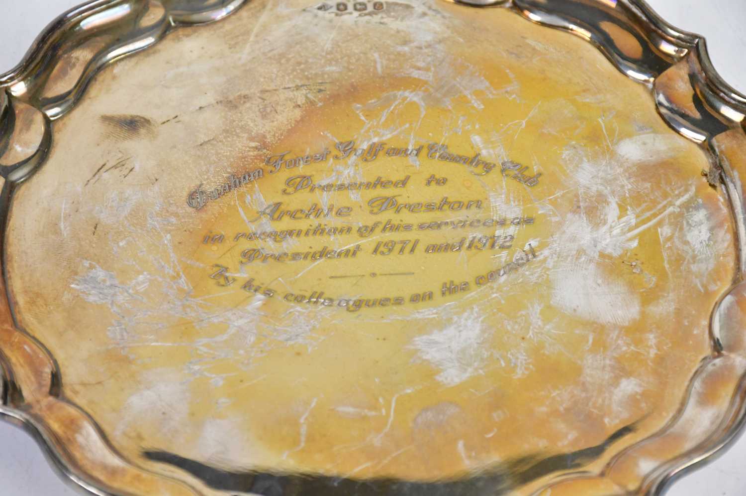 HYC; an Elizabeth II hallmarked silver salver with cast scalloped edge, on three feet, Sheffield - Image 3 of 5