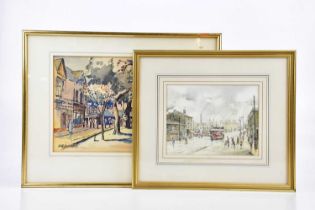 † BRIAN EDEN; watercolour, 'Mersey Square, Stockport', signed, 16.5 x 21.5cm, and a John Henshall