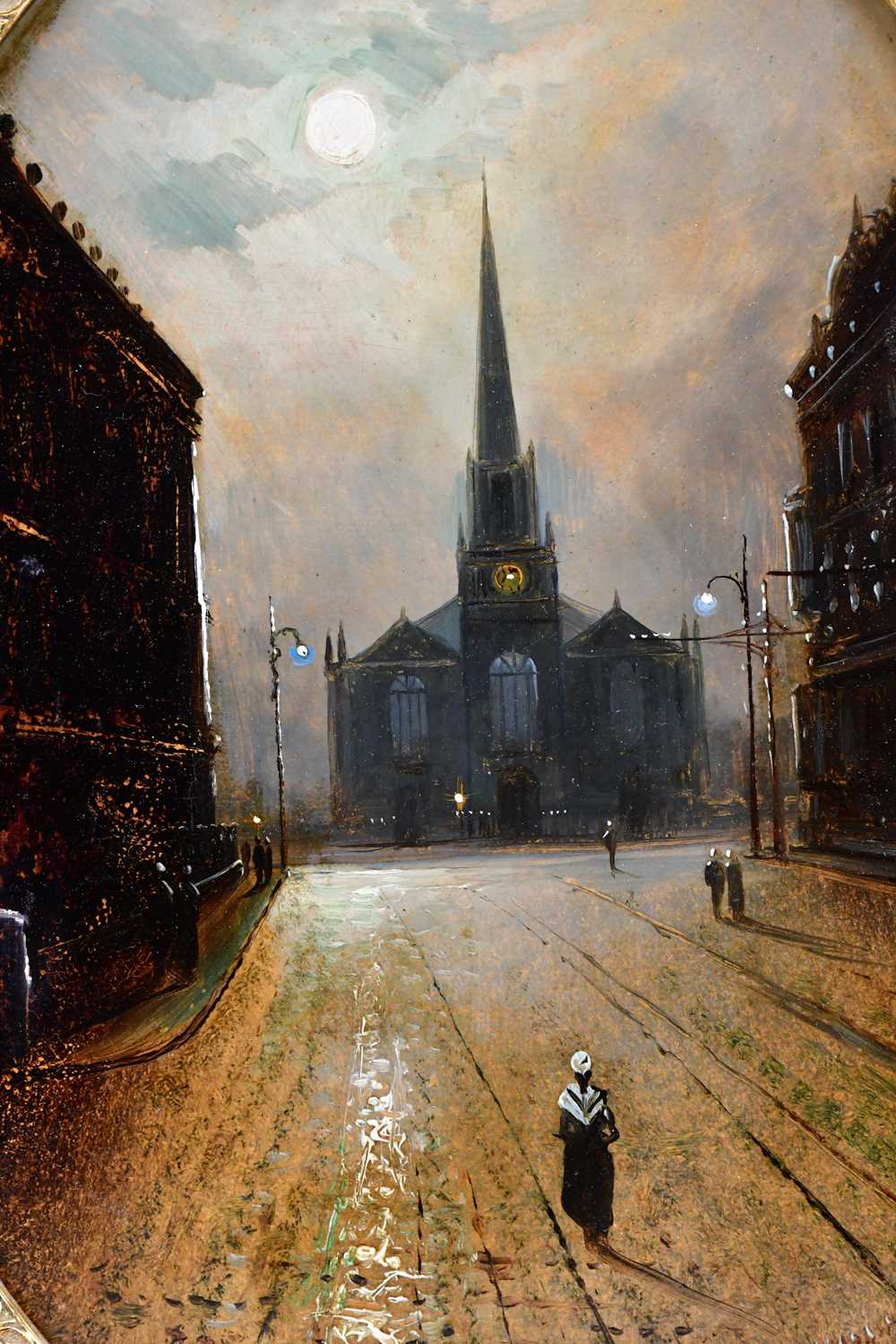 ATTRIBUTED TO WALTER LINSLEY MEEGAM (1859-1944); oil on board, Liverpool street scene with church, - Image 2 of 5