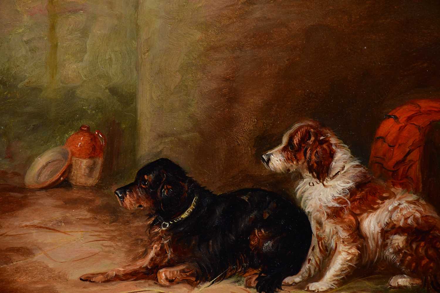 ENGLISH SCHOOL; 19th century oil on oak panel, dogs in a barn, unsigned, 21.5cm x 29cm, framed. - Image 2 of 3
