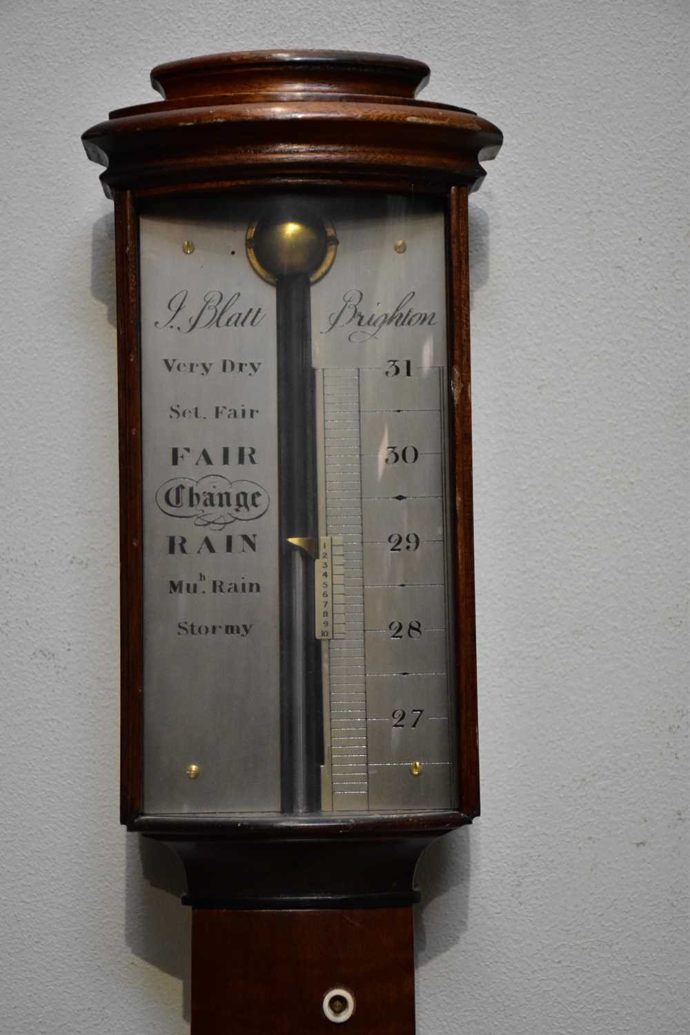 J BLATT, BRIGHTON; a mahogany bowfront stick barometer, with silvered dial, length 92cm. - Image 2 of 4