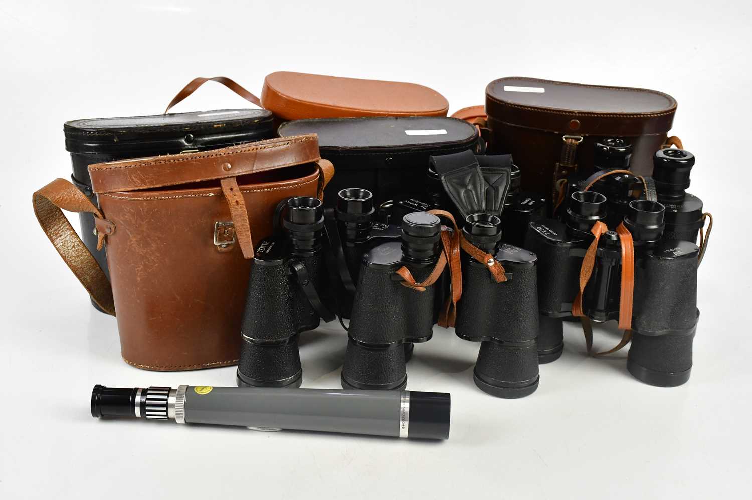 ROSS OF LONDON; a pair of 7x50 binoculars, number 23188, in leather case, with six other pairs of