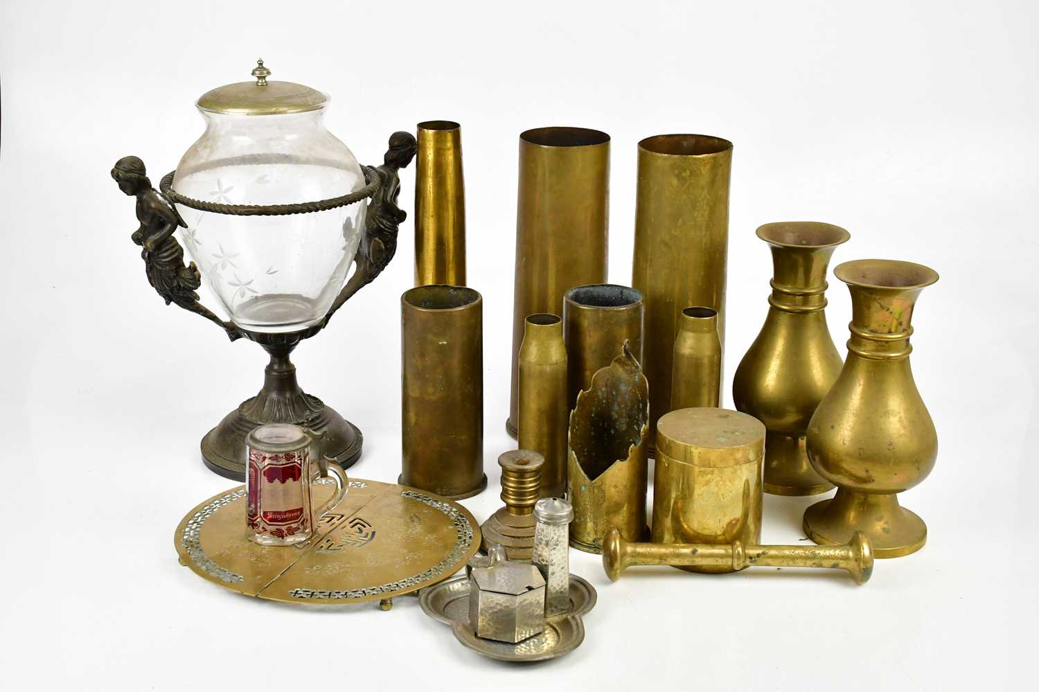 A collection of metalware to include a pair of Jones & Willis brass vases, height 23cm, six Trench