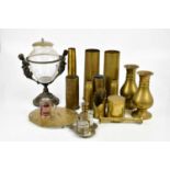 A collection of metalware to include a pair of Jones & Willis brass vases, height 23cm, six Trench