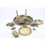 A collection of assorted Eastern metalware including brass tray, copper amd brass warming bowls,