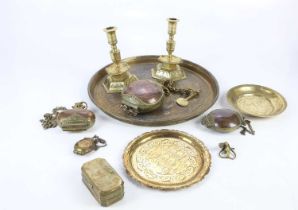 A collection of assorted Eastern metalware including brass tray, copper amd brass warming bowls,