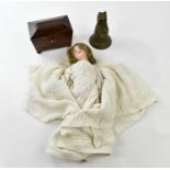 A small 19th century rosewood tea caddy, width 19cm, an Armand Marseille bisque head doll and a