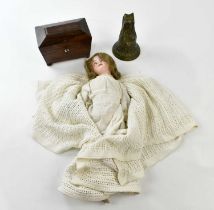 A small 19th century rosewood tea caddy, width 19cm, an Armand Marseille bisque head doll and a
