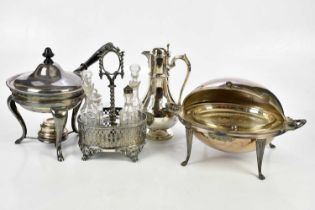 A collection of 19th century and later silver plate, including a Walker & Hall warming dish, a