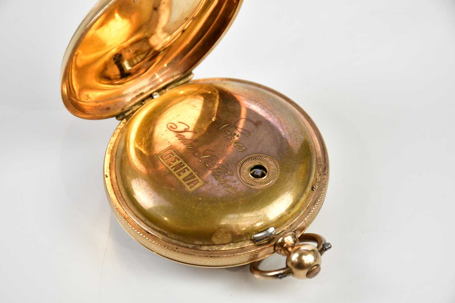 A yellow gold cased open face pocket watch with Roman numerals to the engraved dial, stamped 9K, - Image 3 of 4