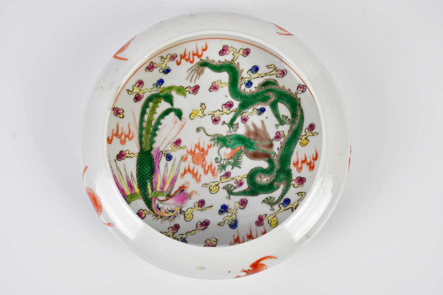 A Chinese Famille Verte dish, decorated with dragon and bird and bats, diameter 17cm. - Image 3 of 5