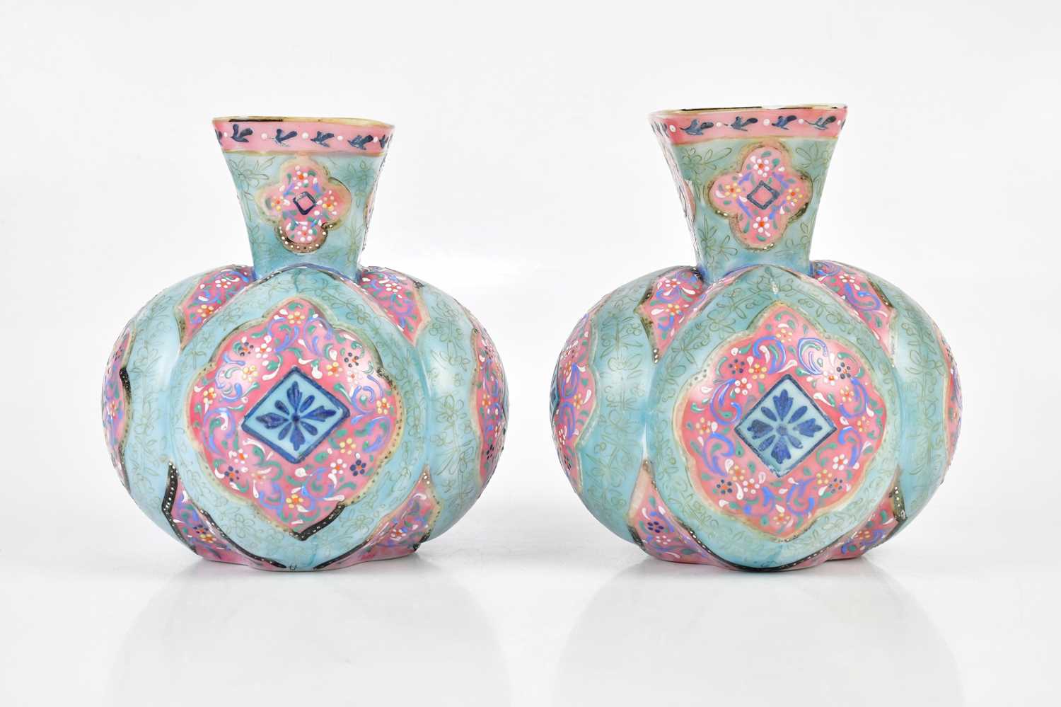 A pair of late Victorian painted opaque glass vases of bulbous form, height 20cm (2). Condition