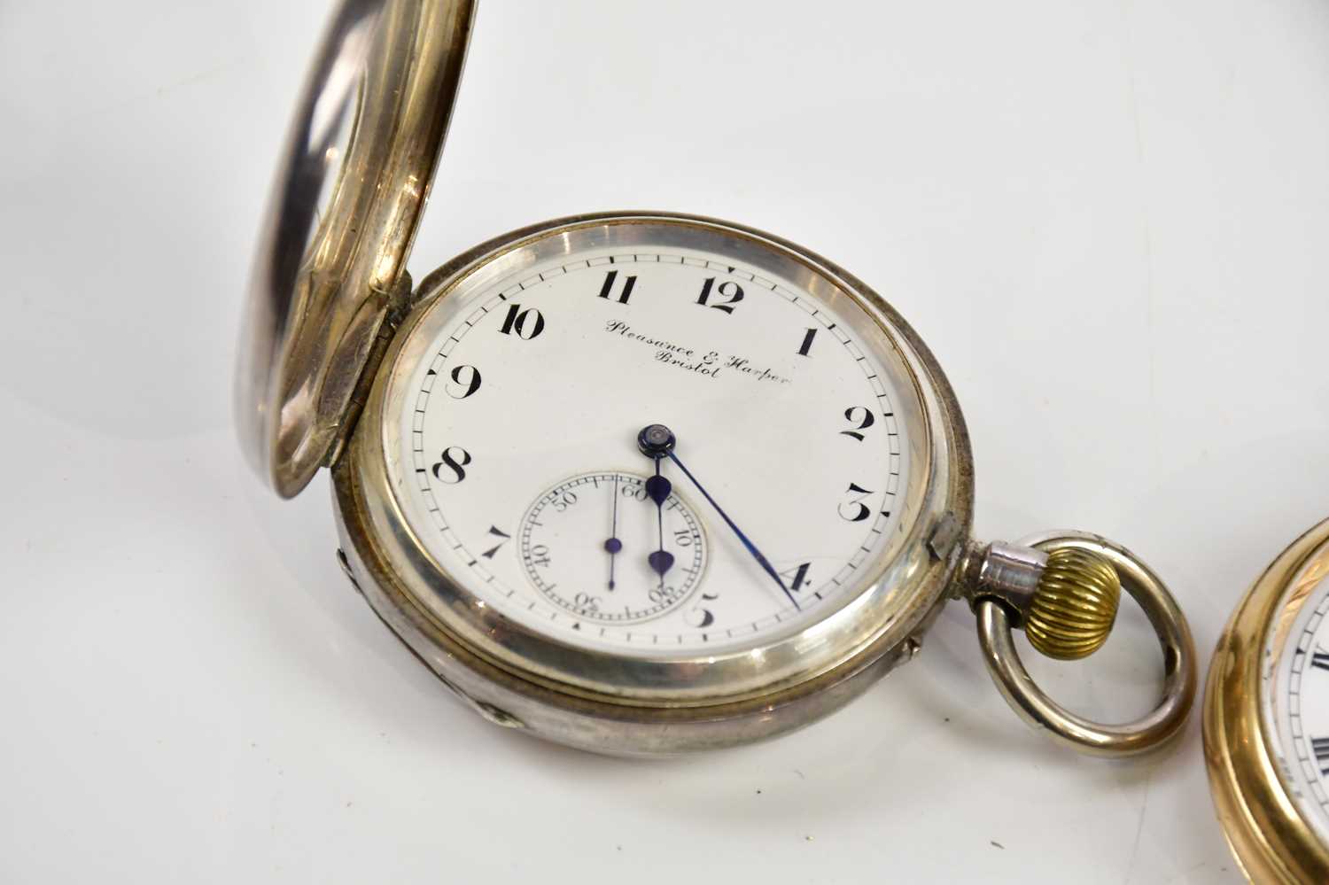 PLEASANCE & HARPER, BRISTOL; a hallmarked silver cased half hunter pocket watch, with white enamel - Image 2 of 4