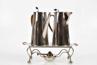 ASPREY & CO; a three piece silver plated coffee set comprising coffee pot, teapot and spirit warmer.