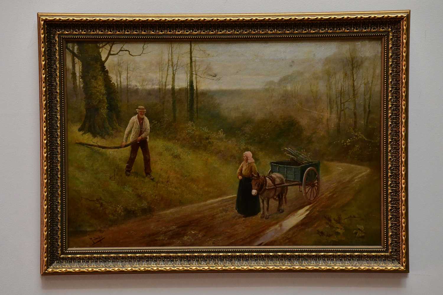 R DOUGLAS; oil on canvas, donkey and cart, signed lower left, 40 x 60cm, framed.