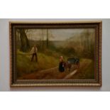 R DOUGLAS; oil on canvas, donkey and cart, signed lower left, 40 x 60cm, framed.