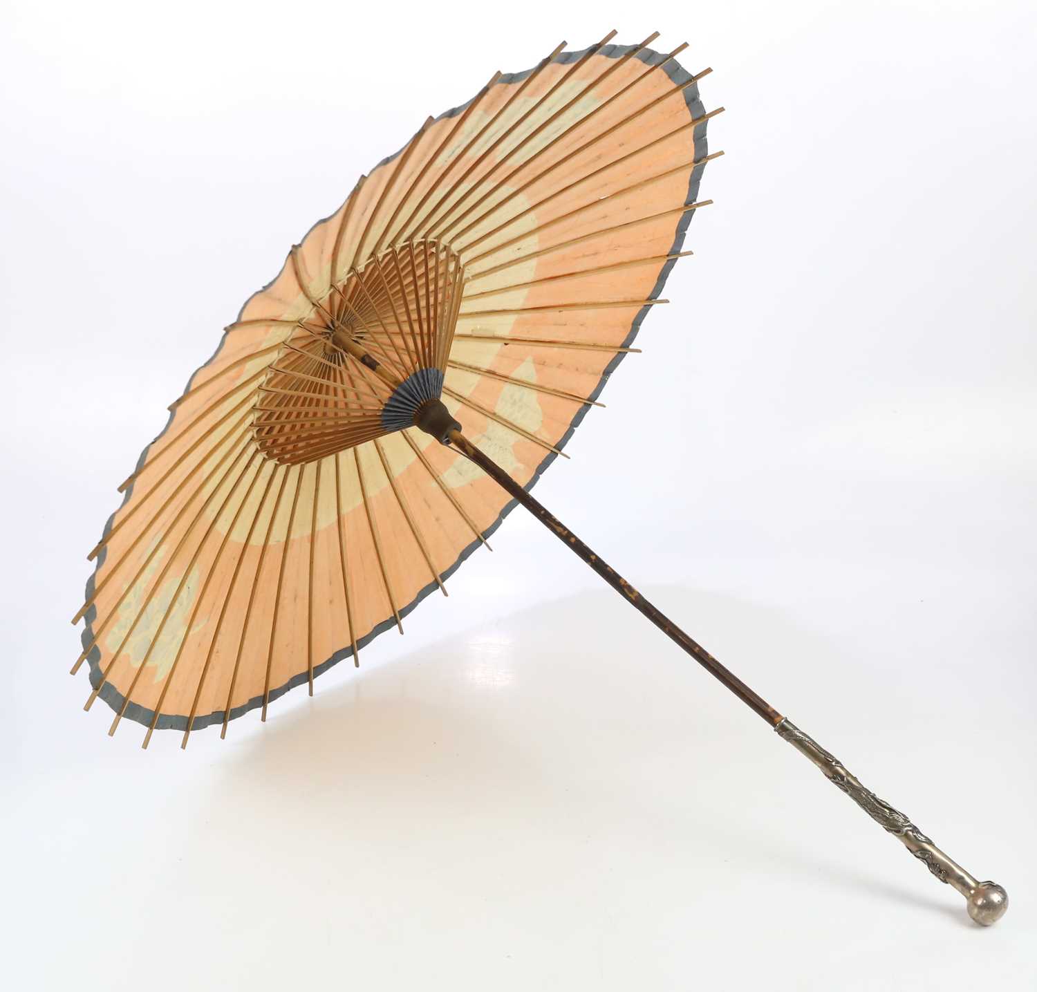 A Chinese sterling silver handled parasol with bamboo cane, the silver mount decorated with a - Image 8 of 9